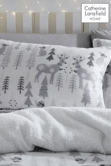 Catherine Lansfield Grey Winter Woodland Cosy and Warm Teddy Fleece Duvet Cover Set