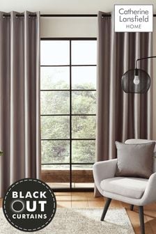 Catherine Lansfield Grey Faux Silk Blackout Eyelet Curtains