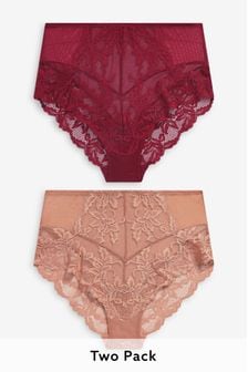 Red/Tan High Rise Lace Knickers 2 Pack (352789) | £18