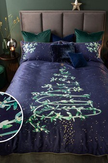 Navy Velvet Mistletoe Tree Duvet Cover and Pillowcase Set