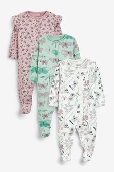 3 Pack Embroidered Detail Baby Sleepsuits (0-3yrs)