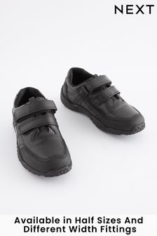 Black Standard Fit (F) School Leather Double Strap Shoes (360018) | £30 - £41