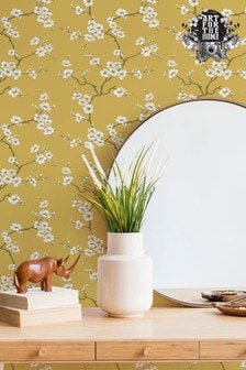 Art For The Home Ochre Yellow Fresco Apple Blossom Wallpaper