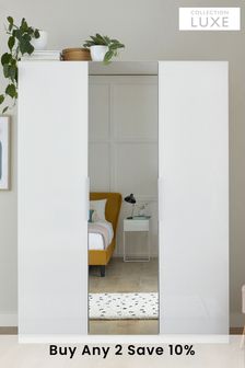 Collection Luxe Sloane White Glass Triple Wardrobe with Mirrored Door
