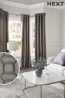 Silver Grey Woven Geometric Eyelet Lined Curtains