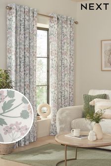 Blue/Green Nordic Floral Print Eyelet Lined Lined Curtains