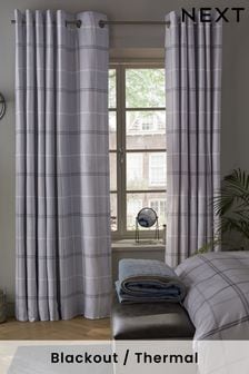 Grey Versatile Check Blackout Eyelet Curtains (405784) | £50 - £95