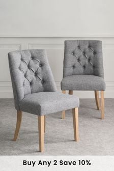 Set of 2 Chunky Weave Mid Grey Wolton Button Natural Leg Dining Chairs (424618) | £380