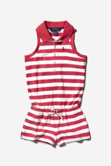 Ralph Lauren Kids Girls Red Striped Cotton Polo Playsuit