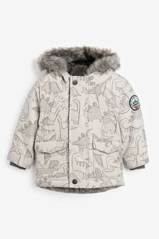 Neutral Dino Print Faux Fur Hooded Parka Coat (3mths-7yrs) (435748) | £26 - £30