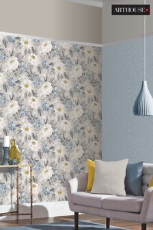 Arthouse Grey Painted Dahlia Floral Wallpaper Wallpaper