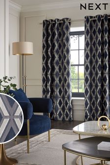 Navy Blue Collection Luxe Heavyweight Geometric Cut Velvet Eyelet Lined Curtains (465431) | £150 - £300