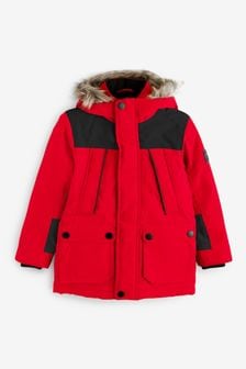 Red JuzsportsShops Shower Resistant Faux Fur Hooded Parka Coat (3-16yrs) (471597) | £36 - £46