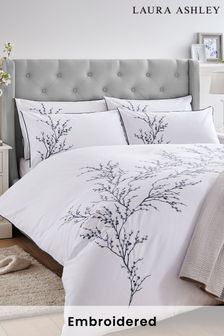 Midnight Pussy Willow Sprig Embroidered Duvet Cover And Pillowcase Set