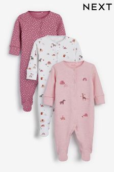 Pink Safari Animals Baby Embroidered Detail Sleepsuits 3 Pack (0-2yrs) (478549) | £20 - £22