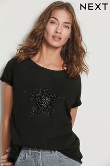 Embellished Star Black Curved Hem T-Shirt (479847) | £18