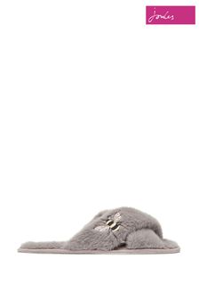 Joules Grey Faux-Fur Slippers With Embroidery Detail