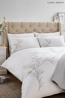 Dove Grey Pussy Willow Sprig Embroidered Duvet Cover And Pillowcase Set