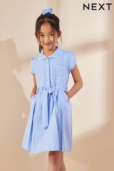 Blue Cotton Rich Belted Gingham School Dress With Scrunchie (3-14yrs) (498043) | £10 - £14