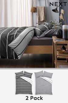 2 Pack Charcoal Grey Reversible Mono Stripe Duvet Cover and Pillowcase Set (498276) | £27 - £57