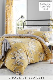 Catherine Lansfield Ochre Yellow Canterbury Floral Duvet Cover and Pillowcase Set