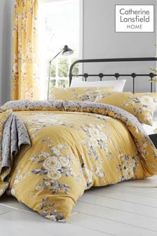 Catherine Lansfield Ochre Yellow Canterbury Floral Duvet Cover and Pillowcase Set