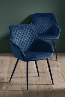 Set of 2 Opulent Velvet Navy Blue Hamilton Arm Black Leg Dining Chairs