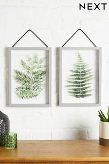 Set of 2 Green Floating Botanicals in Grey Hanging Framed Wall Art (508740) | £25