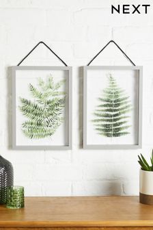 Set of 2 Green Floating Botanicals in Grey Hanging Framed Wall Art