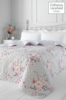 Catherine Lansfield Grey Reversible Canterbury Floral Quilted Bedspread