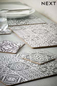 Grey 4 Tile Print Placemats And Coasters Set