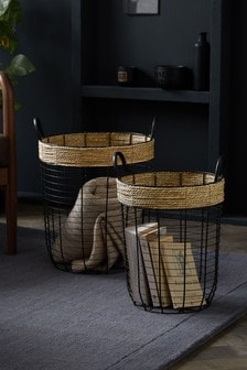 Set of 2 Wire and Seagrass Storage Baskets