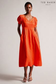 Ted Baker Orange Opalz Fit And Flare Puff Sleeve Midi Dress (525733) | £225