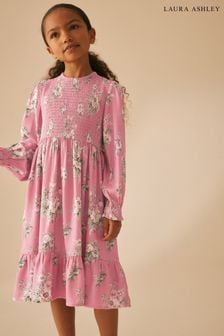 Shirred Midi Pink Floral Dress
