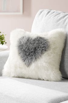 Natural Faux Fur Heart Cushion