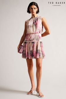 Ted Baker Pink Amorita Coral Blurred Floral Waisted Sleeveless Mini Dress (541181) | £165