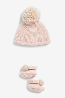 INFANT TODDLER GIRL 2 PIECE KNITTED BUNNY HAT AND MITTEN SET tan, pink, white 