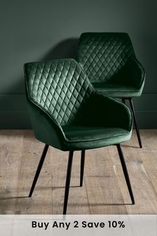 Set of 2 Opulent Velvet Bottle Green Hamilton Arm Black Leg Dining Chairs