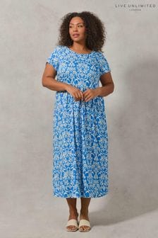 Live Unlimited Blue Print Curve Short Sleeved Midi Dress (547190) | £55