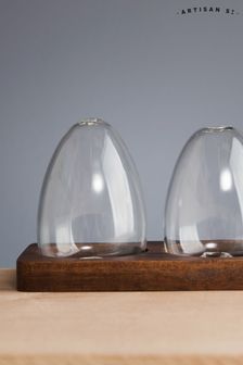 Artisan Street Clear Unfilled Glass Salt And Pepper Shakers In A Wooden Base