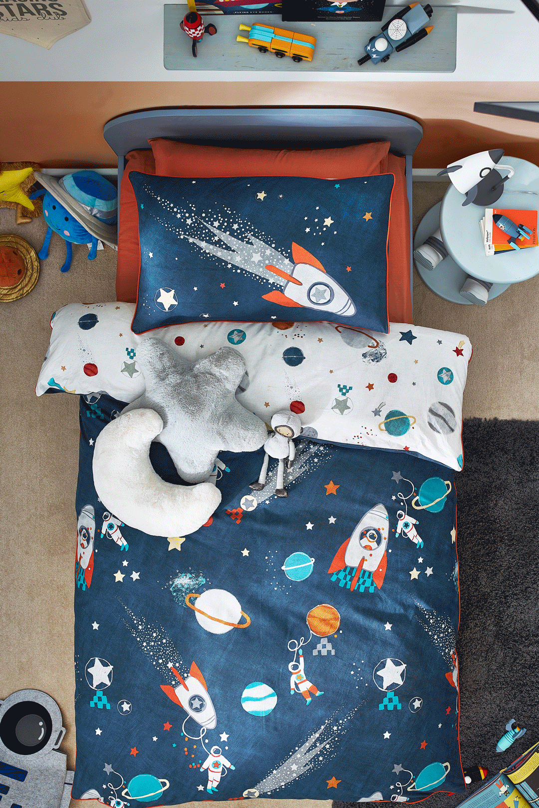 Navy Blue Kids Space Planets And Rockets 100% Organic Cotton Duvet Cover And Pillowcase Set