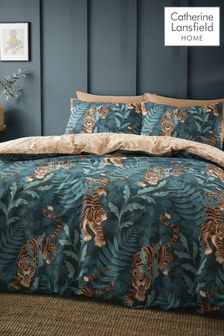 Catherine Lansfield Green Tropic Tiger Leaf Reversible Duvet Cover Set