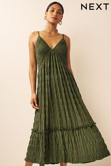 Khaki Green Textured Jersey Shirred Cami Midi Dress (575938) | £30