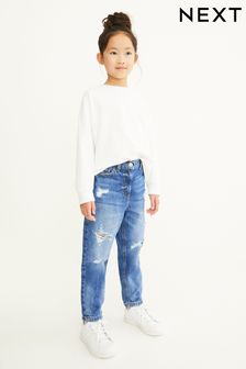 Mid Blue Denim Distressed Mom Print Jeans (3-16yrs) (577478) | £17 - £22