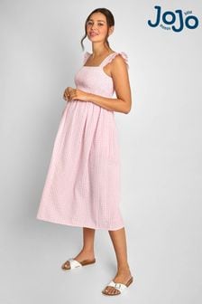 JoJo Maman Bébé Pink Gingham Shirred Maternity Midi Dress (593082) | £49