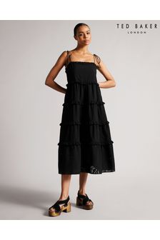 Ted Baker Hansi Black Magnolia Burn Out Strappy Tiered Midi Dress