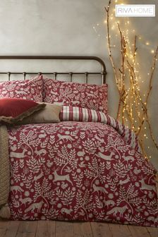 furn. Berry Red Grey Skandi Woodland Brushed Cotton Winter Stag Reversible Duvet Cover and Pillowcase Set