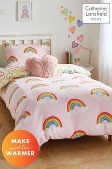 Catherine Lansfield Pink Rainbow Hearts Cosy Fleece Duvet Cover Set