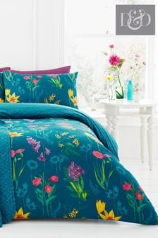 D&D Blue Ingrid Floral Duvet Cover And Pillowcase Set