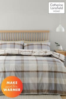 Catherine Lansfield Natural Brushed Cotton Check Reversible Duvet Cover Set